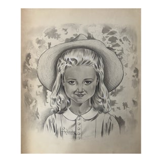 1940s Original Signed Graphite Illustration of Young Girl in Wide-Brimmed Hat, 13.75 × 11 In. For Sale