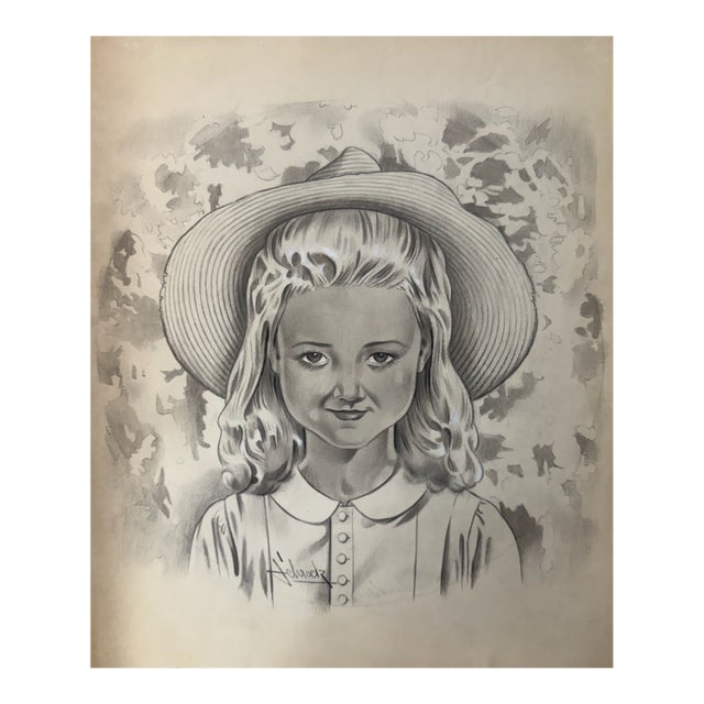 1940s Original Signed Graphite Illustration of Young Girl in Wide-Brimmed Hat, 13.75 × 11 In. For Sale