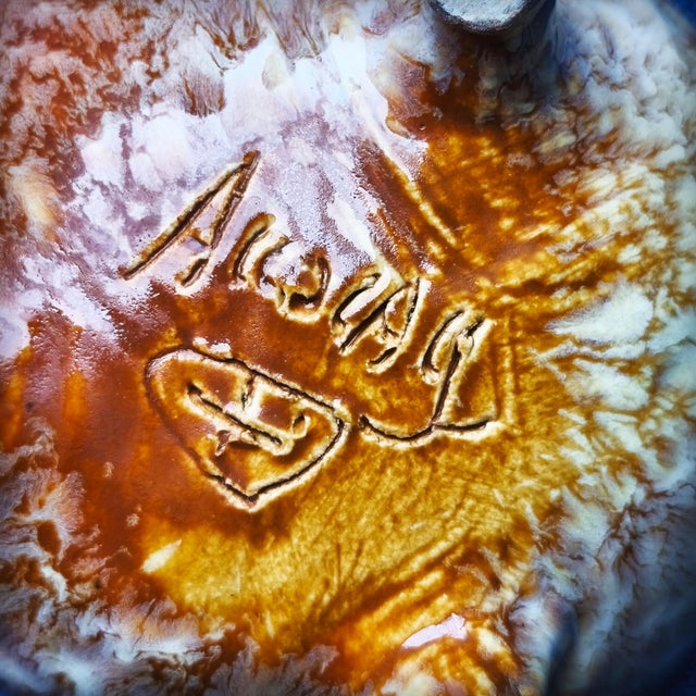 Beautiful glossy beige and caramel enamel with crystallization and drip effects in eggshell tones. Signed in full and on...