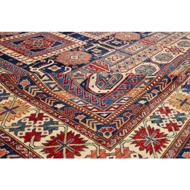 Textile Modern Kazak Handmade Wool Rug in Blue and Red With Allover Design For Sale - Image 7 of 9