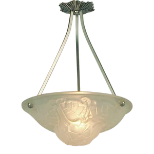 1930s French Pendant Lighting Bowl by Degué, Art Deco Floral Motif