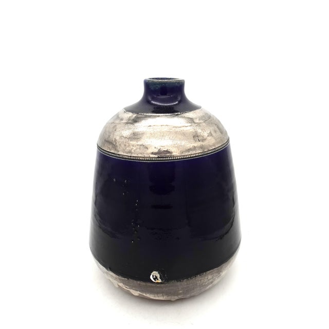 Mid-Century Modern Cobalt Blue and Silver Glazed Ceramic Vase from Jules Guerin, Belgium, 1950s For Sale - Image 3 of 13