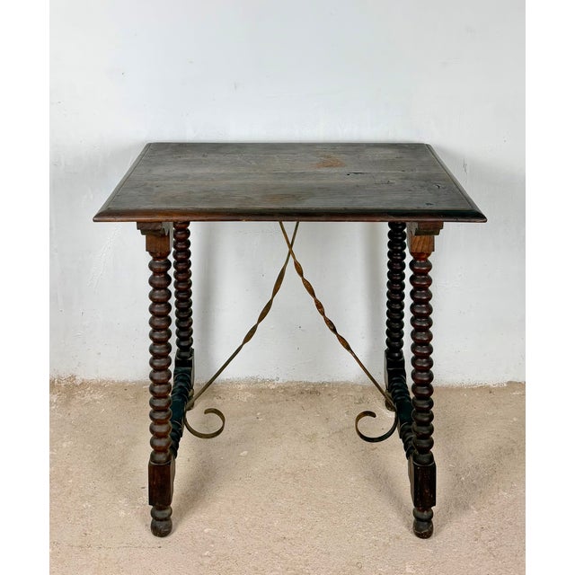 Spanish Barley Twist Side Table with Wrought Iron Stretchers, 1930s For Sale - Image 4 of 11