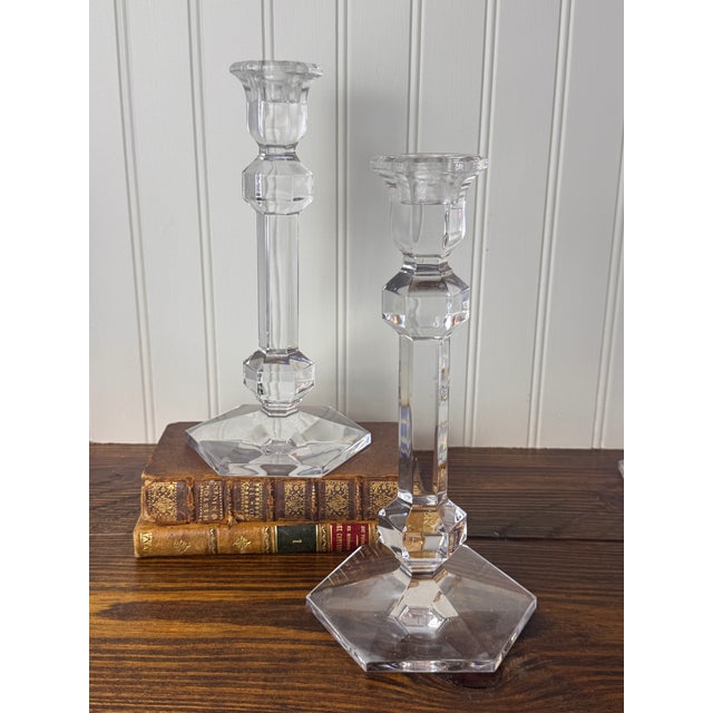 An elegant pair of vintage signed crystal candlesticks by Val Saint-Lambert, the renowned Belgian crystal manufacturer...