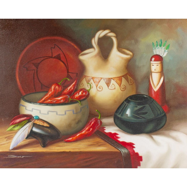 An oil on canvas still life painting by Peruvian artist Sonco Carrasco (born 1955). This still life piece features a bowl...