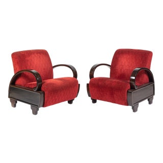 Vintage Art Deco Red Upholstery Club Chairs - a Pair For Sale