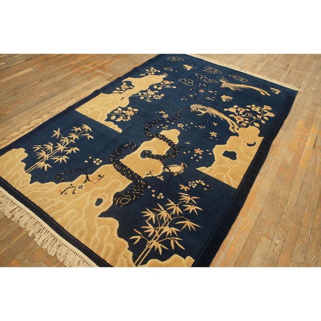 1920s Navy Blue Scene Pictorial Antique Chinese Peking Carpet Knotted Small Rug For Sale In New York - Image 6 of 10
