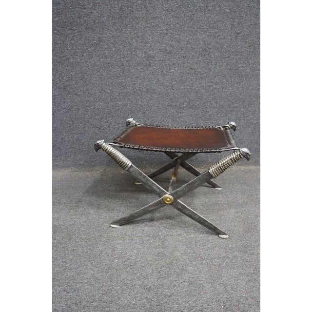 Maitland-Smith Leather X-Base Stool With Cast Eagle Heads For Sale - Image 9 of 14