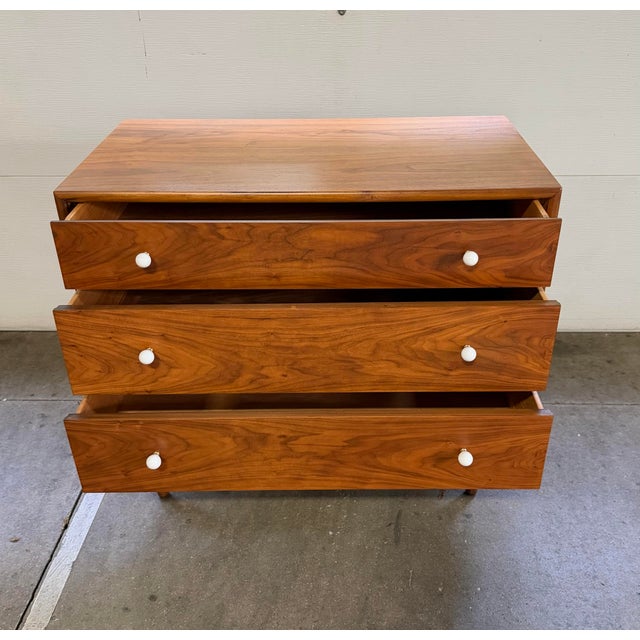 Drexel Declaration Vintage Mid Century Modern Pair of Drexel Declaration Walnut 3-Drawer Dresser and 3-Drawer Vanity by Kipp Stewart For Sale - Image 4 of 12