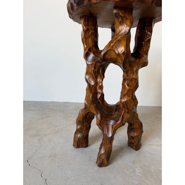 Vintage Organic Hand-Carved Mahogany Wood Plant Stand / Pedestal Table For Sale - Image 9 of 12
