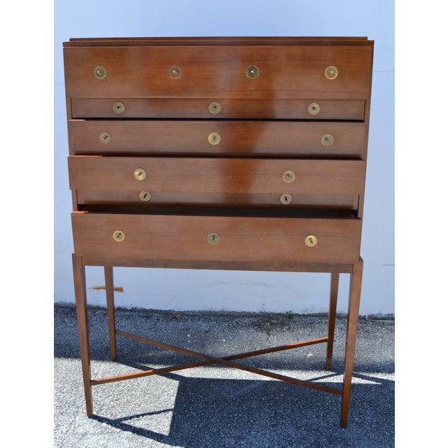 1960 Baker Furniture Mahogany Federal Style Chest on Stand Ornate Brass Hardware For Sale In Miami - Image 6 of 11