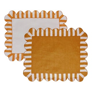 Jardin Embroidered Linen Scalloped Stripe Placemats with Color Backing in Amber, Set of 4 For Sale