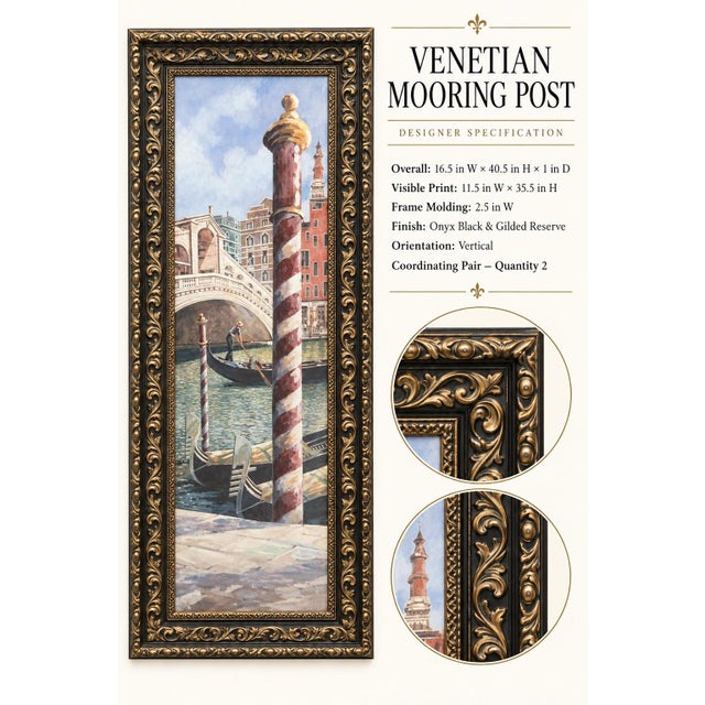 Hollywood Regency Late 20th Century Pair of Tall Venetian Canal Prints in Onyx Black and Hand-Gilded Frames For Sale - Image 3 of 7