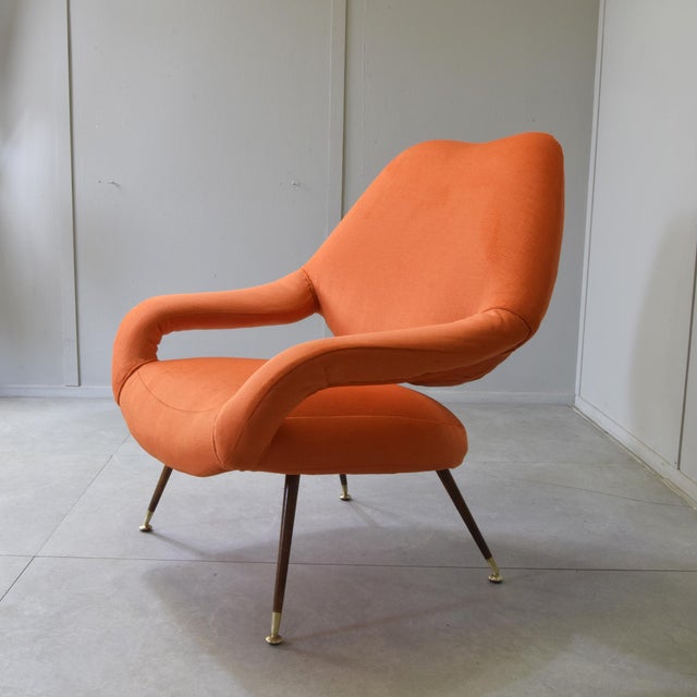 Red DU 55 Armchair in Walnut and Brass by Gastone Rinaldi for Rima, 1950s For Sale - Image 8 of 12