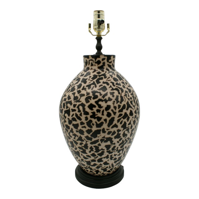 Late 20th Century Black & Ivory Geometric Chulucanas Pottery Lamp – Handcrafted Peruvian Art Tribal Table Lamp For Sale