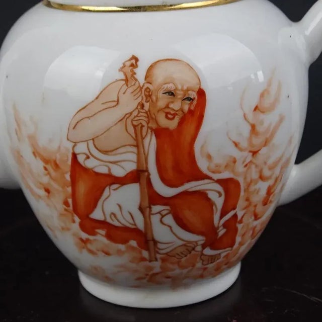 1960s Chinese Vintage Porcelain Tea Pot China Famille Rose Porcelain Tea Pot Hand Painted Ink Color With Gold Tracery Luohan Pattern For Sale - Image 5 of 8