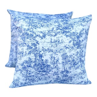 1970s Large Vintage Cornflower Blue Toile Pillows - a Pair For Sale