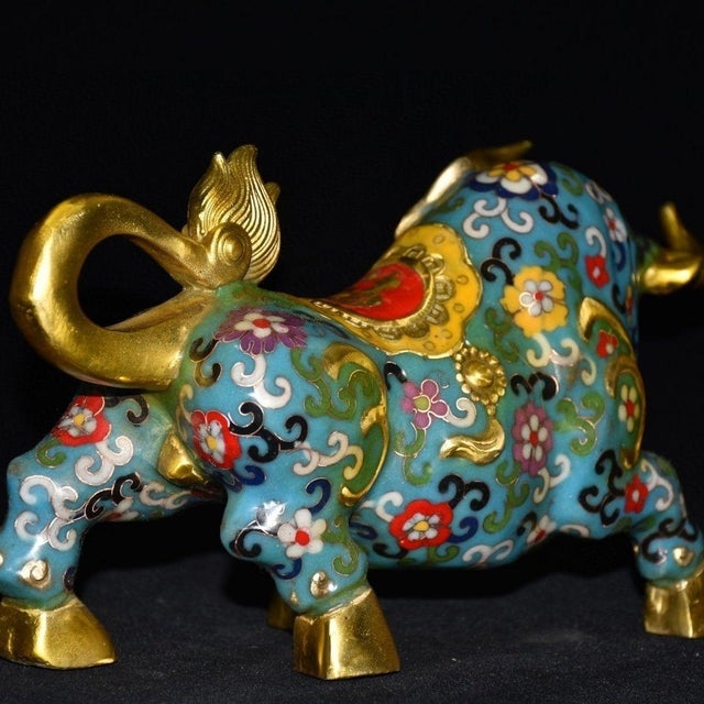 Metal Vintage Cloisonne Enamel Bull Figurine – 11" Gilt Ox Sculpture With Floral Motif For Sale - Image 7 of 18