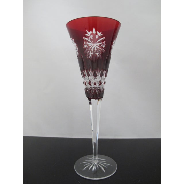 Shabby Chic Waterford Red Snowflake Crystals 9 3/8" Fluted Champagne Glass Set of 2 For Sale - Image 3 of 13
