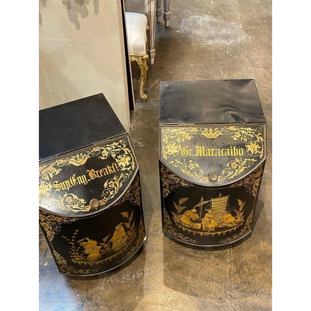 Metal Vintage English Painted Tole Tea Can Side Tables With Chinoiserie Design - Set of 2 For Sale - Image 7 of 9