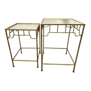 Vintage French Hollywood Regency Style Metal Bamboo-Look Stacking Tables With Mirror Tops- a Pair