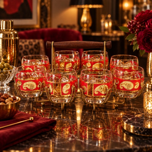 Culver Ltd. Circa 1960s Culver Red Paisley 22k Gold XL Roly Poly Glasses Caddy Set- 9 Pieces For Sale - Image 4 of 11