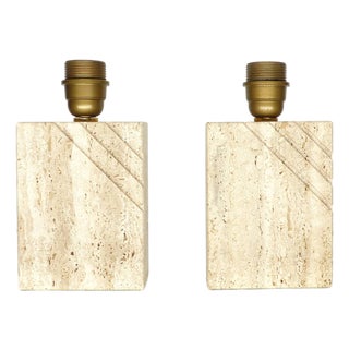 Vintage Travertine Table Lamps with Incised Decoration, 1970s, Set of 2 For Sale