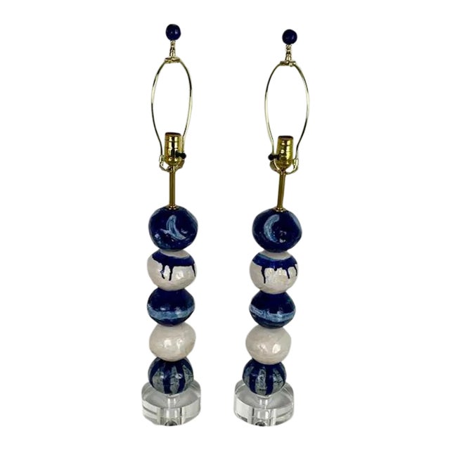 Tall Blue and White Ball Table Lamps With Matching Finials - a Pair For Sale