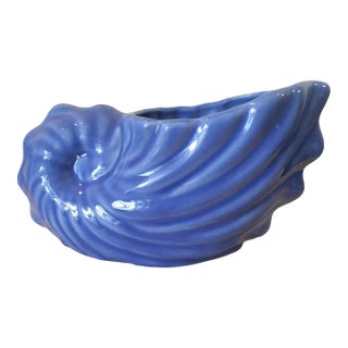 Vintage Blue Pottery Seashell Cornucopia Planter Bowl For Sale