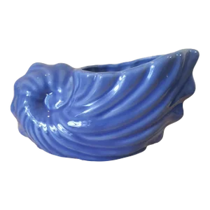 Vintage Blue Pottery Seashell Cornucopia Planter Bowl