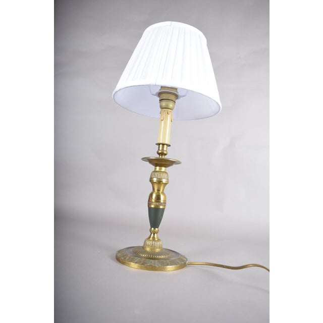 Metal Vintage Brass Candlestick Table Lamp with Green Accent, 1950s For Sale - Image 7 of 14