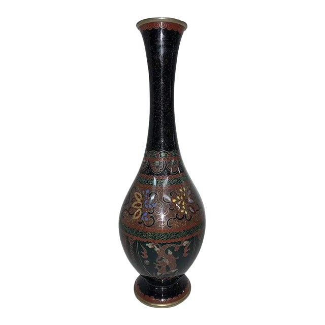 1920s Japanese Black Cloisonne Vase Multicolor Moonstone For Sale