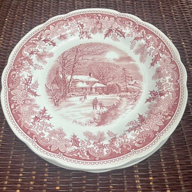 Spode Winters Eve Dinner Plates -set of 4. The pattern features a center winter pastoral scene of a snow covered house ,...