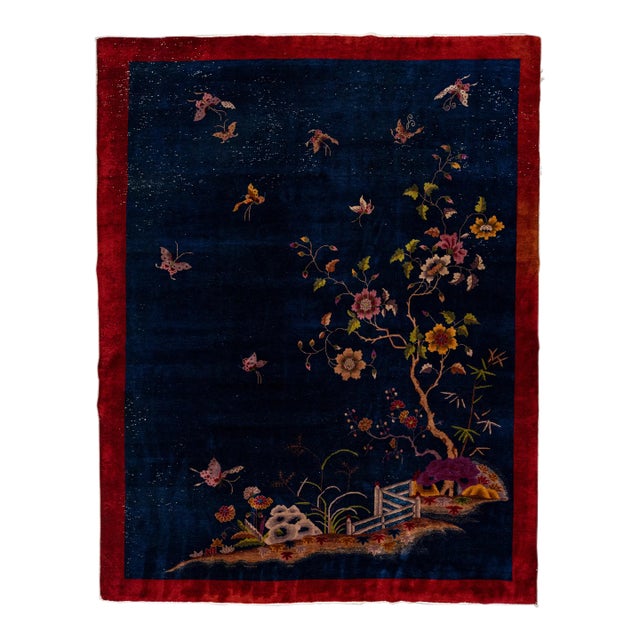 Antique Art Deco Chinese Handmade Floral Blue Wool Rug For Sale