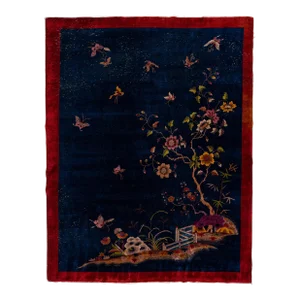 Antique Art Deco Chinese Handmade Floral Blue Wool Rug