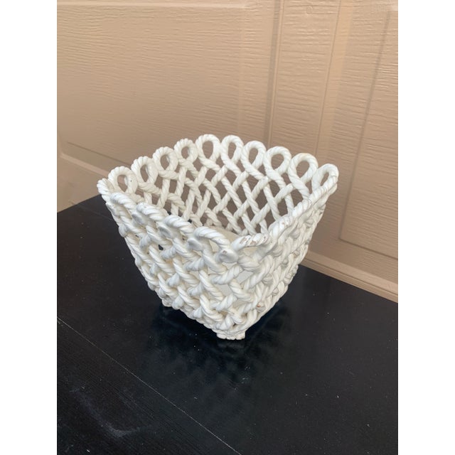 French Country Trompe l'Oeil Porcelain Rope Basket Cachepot For Sale - Image 4 of 12