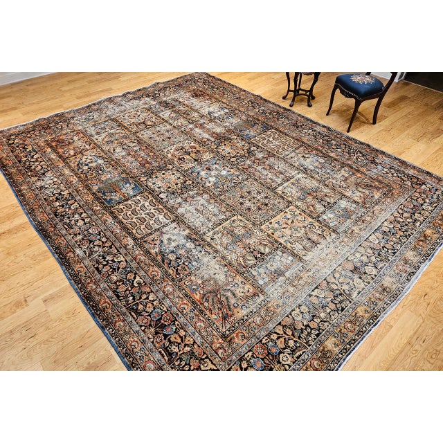 Navy Blue 19th Century Persian Khorassan Rug, Hand-Knotted Wool, Allover Floral Panel Design, Green & Blue, 10x13 For Sale - Image 8 of 18