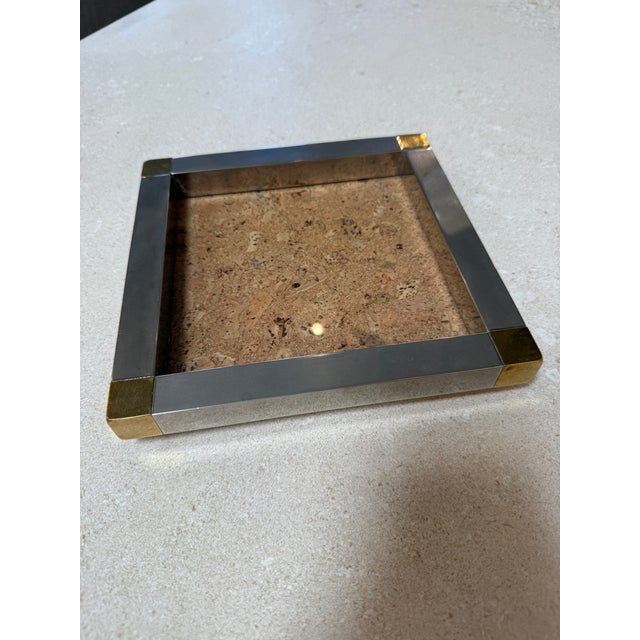 Vintage Cork and Metal Tray With Brass Corner Accents For Sale - Image 4 of 7