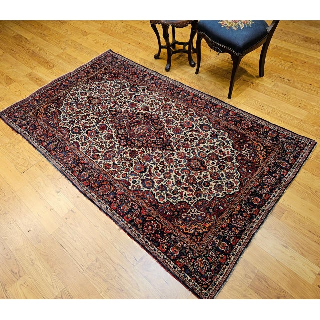 Persian Early 20th Century Persian Kashan Rug, Hand-Knotted Wool, Floral Design, Ivory & Blue, 4x7 For Sale - Image 3 of 17