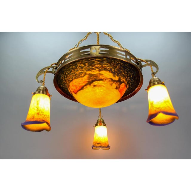 Blue Art Nouveau French Brass Chandelier with Pâte De Verre Glass by Noverdy, 1920s For Sale - Image 8 of 18
