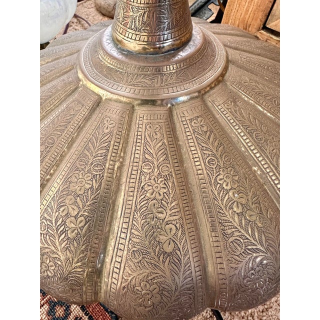 Pair of Large 1920s Etched Floral Brass Globe Table Lamps For Sale - Image 10 of 12