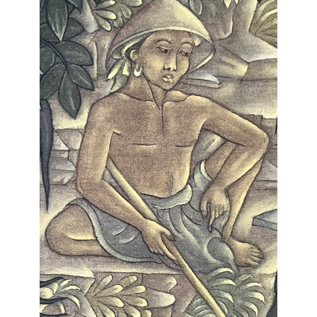 Textile 1950s Large Traditional Balinese Framed Silk Signed Ubud Painting For Sale - Image 7 of 11