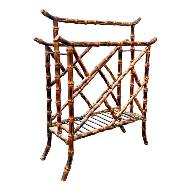 Vintage Faux Burnt Bamboo Chinoiserie Style Magazine Rack Modern Design For Sale