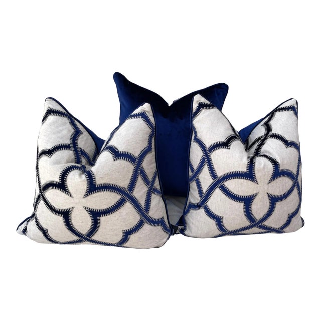 Trio of Blue Velvet/Khaki Decor Pillows For Sale