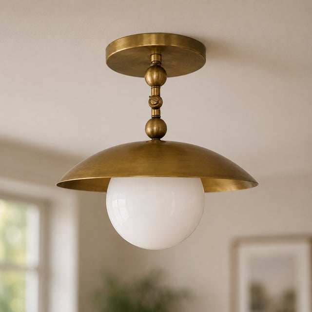 Not Yet Made - Made To Order Spun Solid Brass Dome Semi-Flush Mount With Opal Glass Globe For Sale - Image 5 of 8