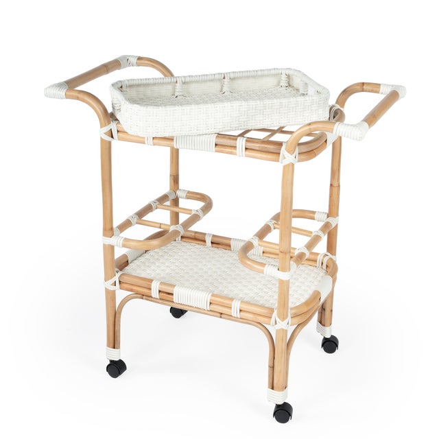 Spritely Home Accent Furniture Selena 34.5 in. W Rectangular Rattan 2 Tier Mobile Removeable Top Bar Cart with Bottle Holders, Smooth White For Sale - Image 4 of 9