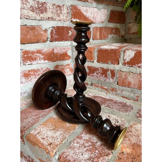 Pair Set Antique English Oak Open Barley Twist Candlesticks Candle Holder Brass For Sale - Image 4 of 12