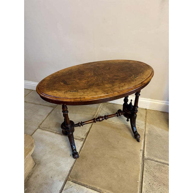 Mid 19th Century Antique Victorian Burr Walnut Inlaid Oval Occasional Table, 1860 For Sale - Image 5 of 9