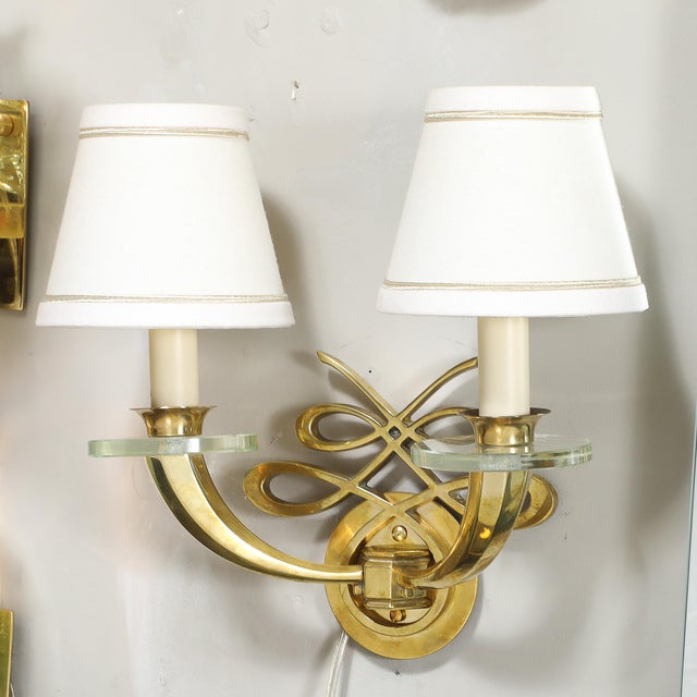 Pair of Art Deco Jules Leleu Polished Brass & Glass Ribbon Sconces For Sale - Image 11 of 12