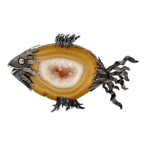 Italian Sterling Silver and Polished Agate Fish Sculpture, Hallmarked, 1970s